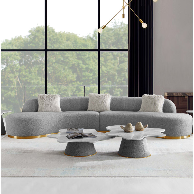 Simona Modern Curved 150'' Grey Fabric Sofa with Track Arms