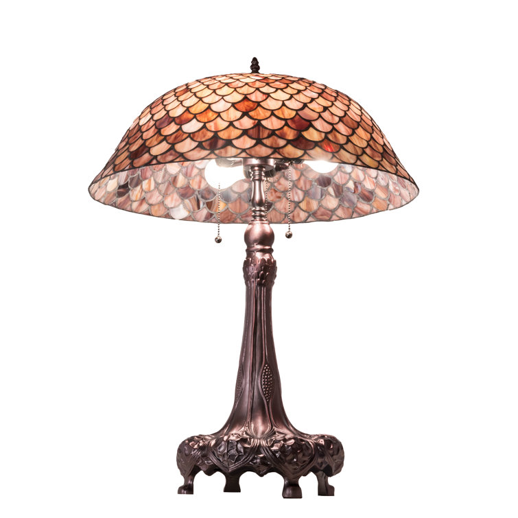 Mahogany Bronze 3-Light Desk Lamp with Ruby Stained Glass Shade