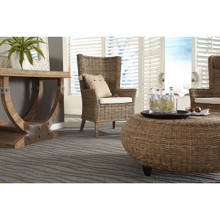 Kubu Round Woven Rattan Ottoman with Dark Brown Legs