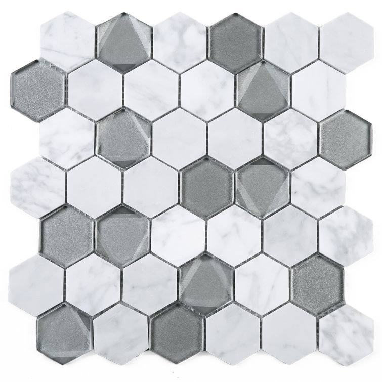 White and Gray Hexagon Glass and Marble Mosaic Tile