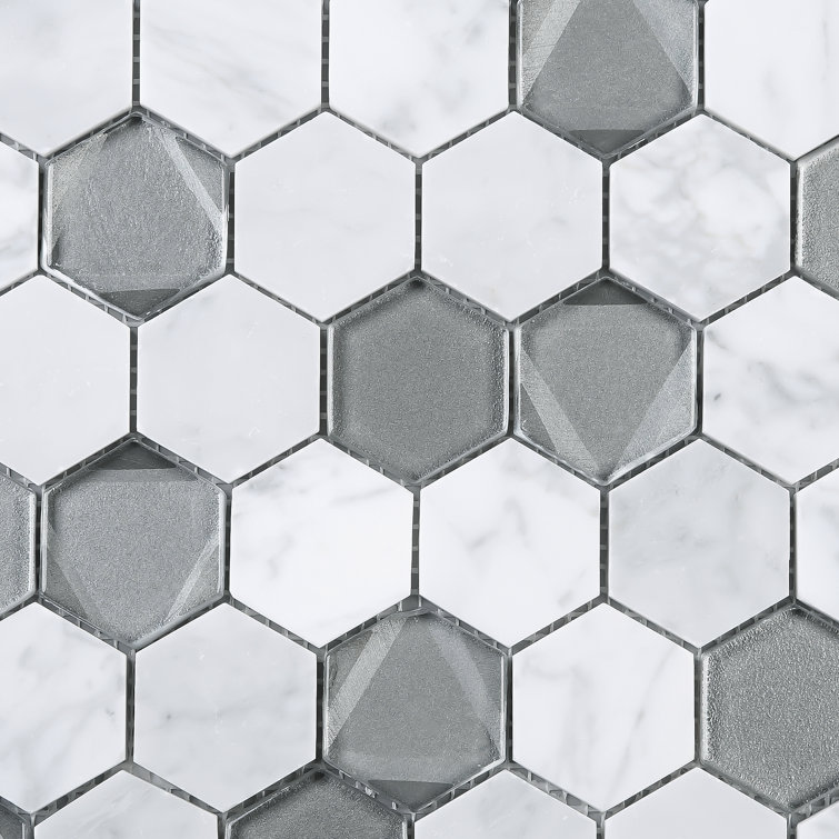 White and Gray Hexagon Glass and Marble Mosaic Tile