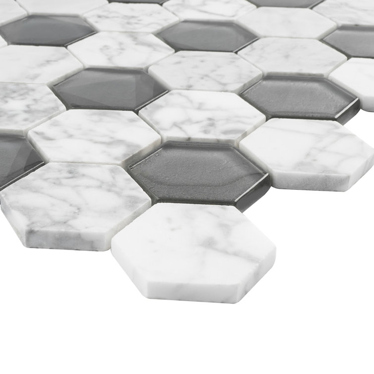 White and Gray Hexagon Glass and Marble Mosaic Tile