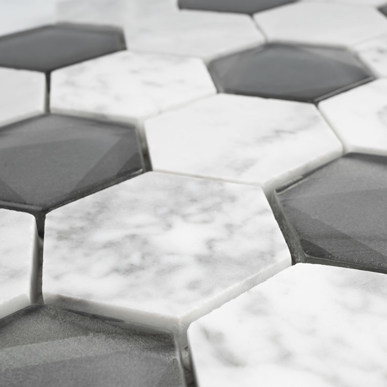 White and Gray Hexagon Glass and Marble Mosaic Tile