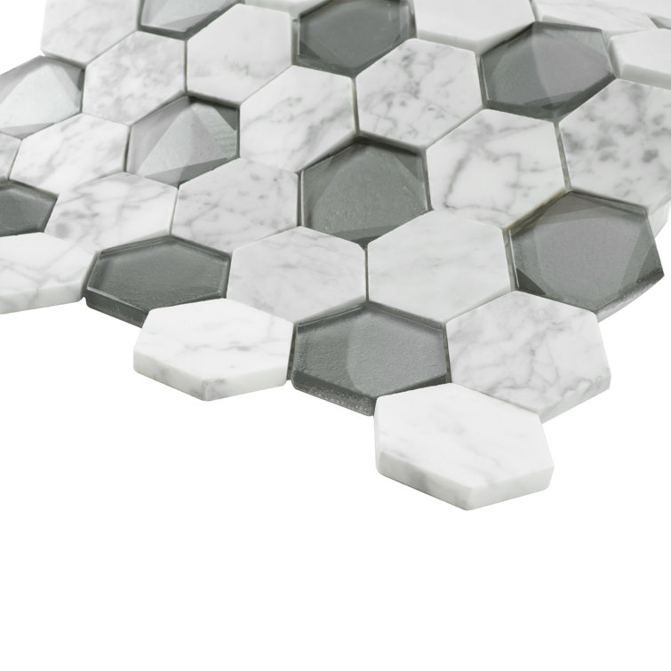 White and Gray Hexagon Glass and Marble Mosaic Tile