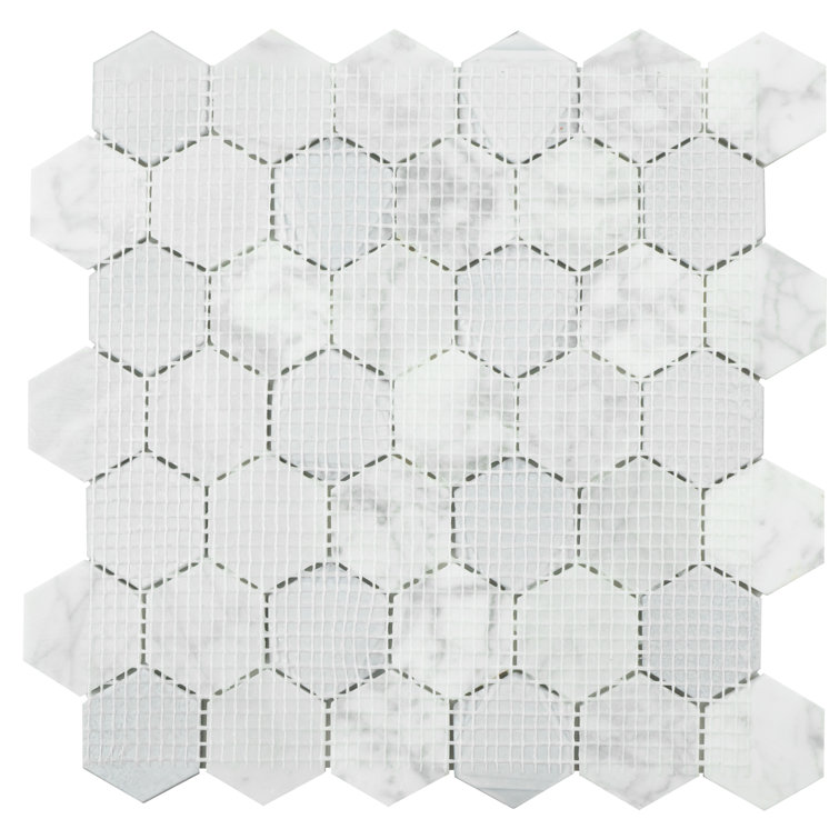 White and Gray Hexagon Glass and Marble Mosaic Tile