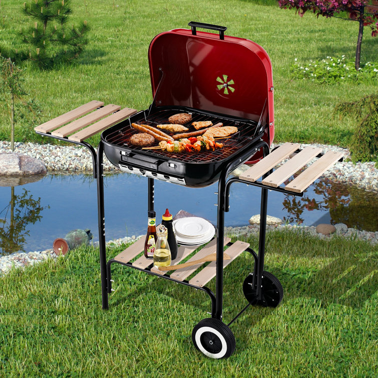 Outsunny Red and Black Portable Charcoal Grill with Shelves