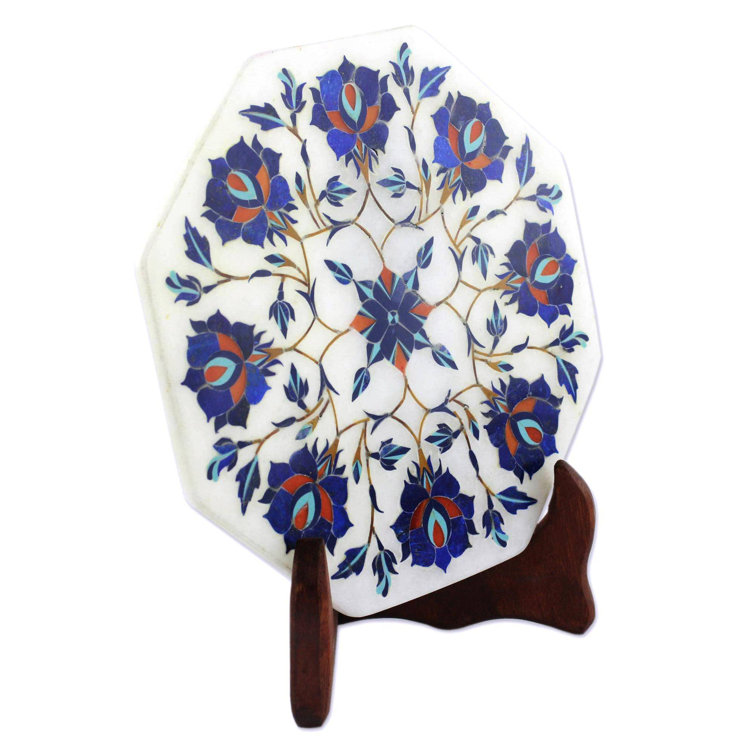 Handmade White Marble Decorative Plate with Blue Floral Inlay