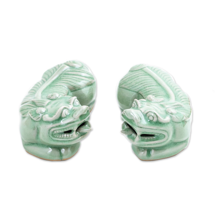 Pair of Green Celadon Ceramic Pi Xiu Sculptures