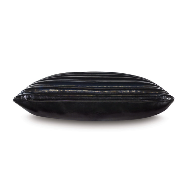 Black Faux Leather Rectangular Lumbar Accent Pillow with Appliqued Design