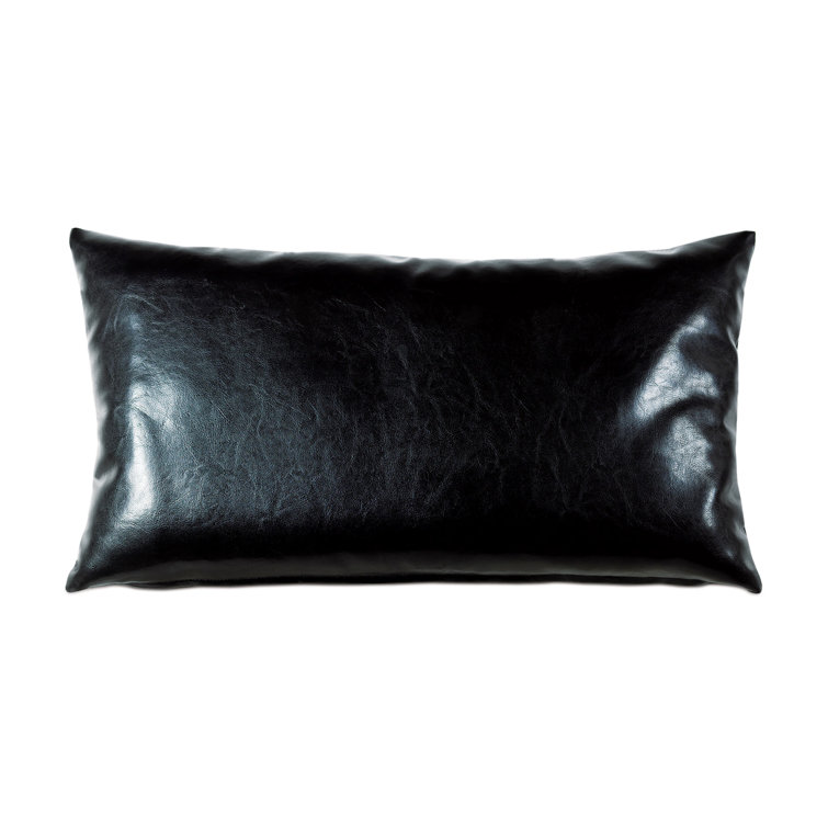 Black Faux Leather Rectangular Lumbar Accent Pillow with Appliqued Design
