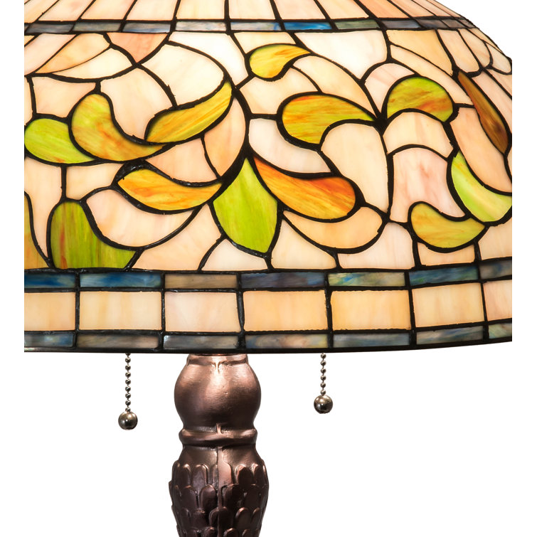 31" Mahogany Bronze Stained Glass Table Lamp with Green and Beige Shade