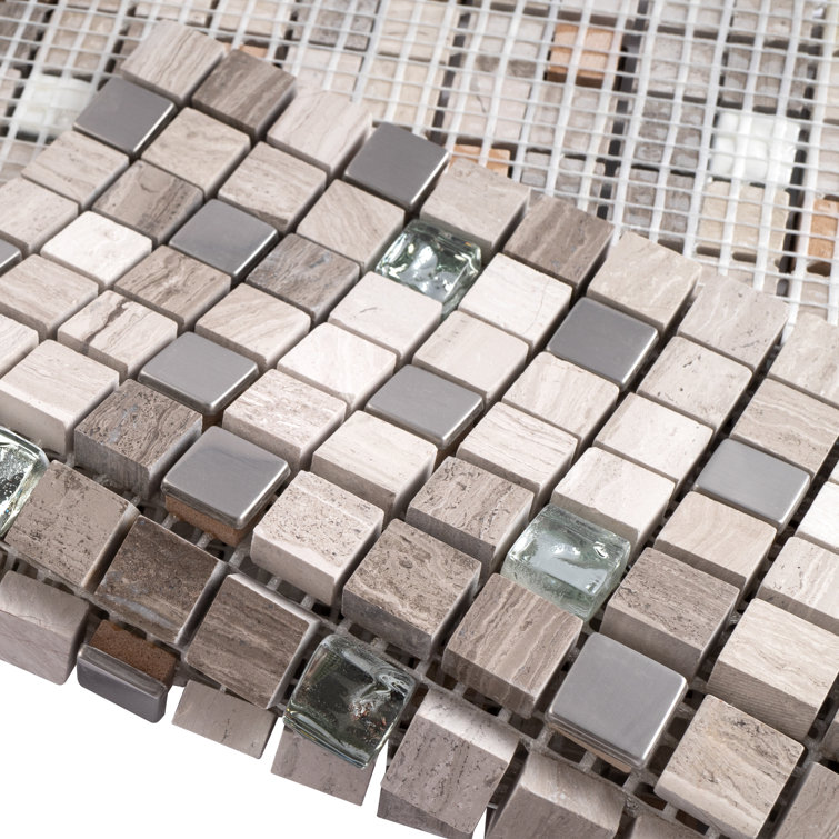 Mini Beige Marble and Glass Mosaic Wall Tile Sheet