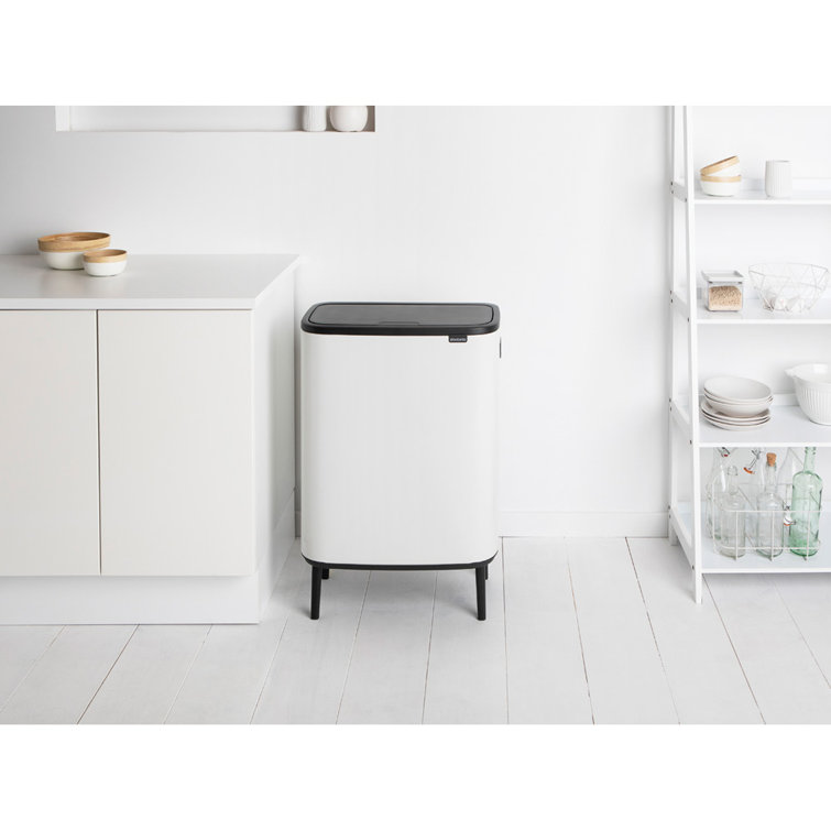 White Plastic Dual Compartment Kitchen Trash Can with Touch Top