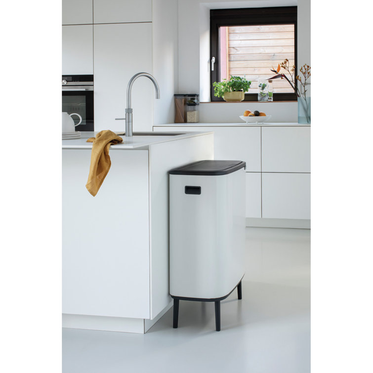White Plastic Dual Compartment Kitchen Trash Can with Touch Top
