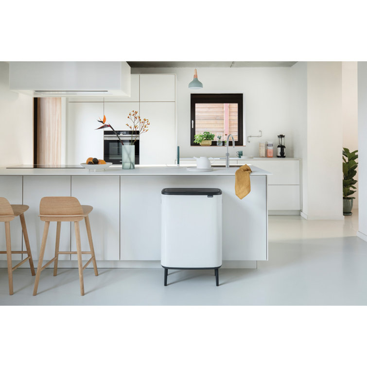 White Plastic Dual Compartment Kitchen Trash Can with Touch Top