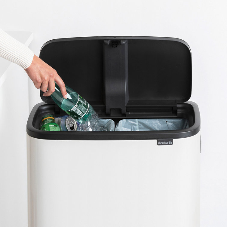 White Plastic Dual Compartment Kitchen Trash Can with Touch Top