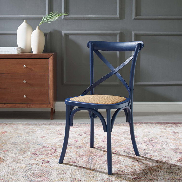 Midnight Blue Rustic Farmhouse Elm Wood Side Chair with Rattan Seat