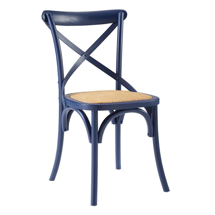 Midnight Blue Rustic Farmhouse Elm Wood Side Chair with Rattan Seat