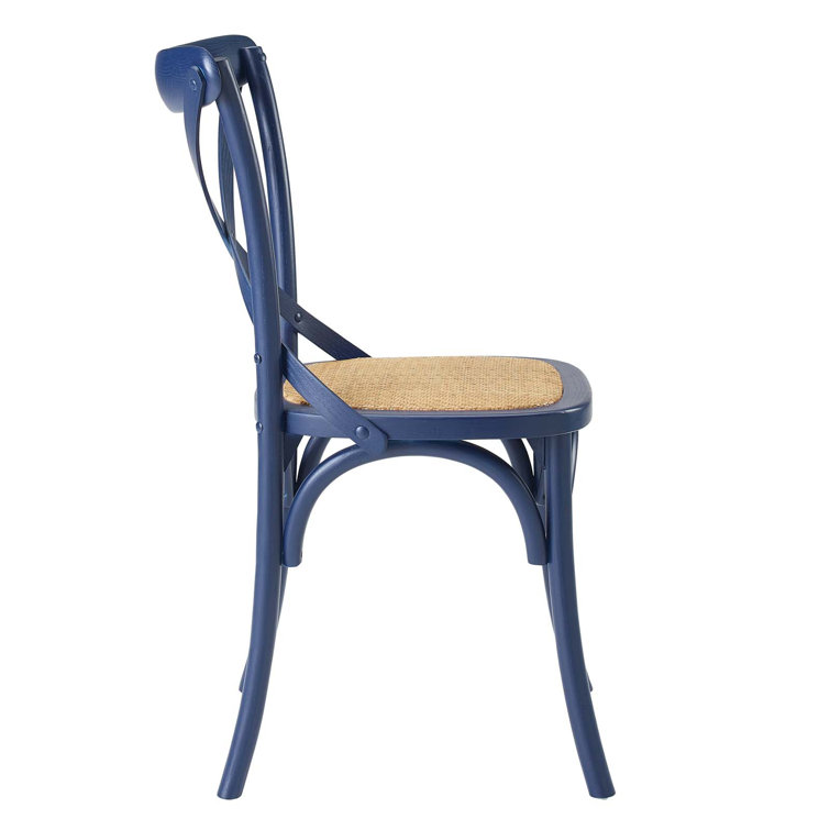 Midnight Blue Rustic Farmhouse Elm Wood Side Chair with Rattan Seat
