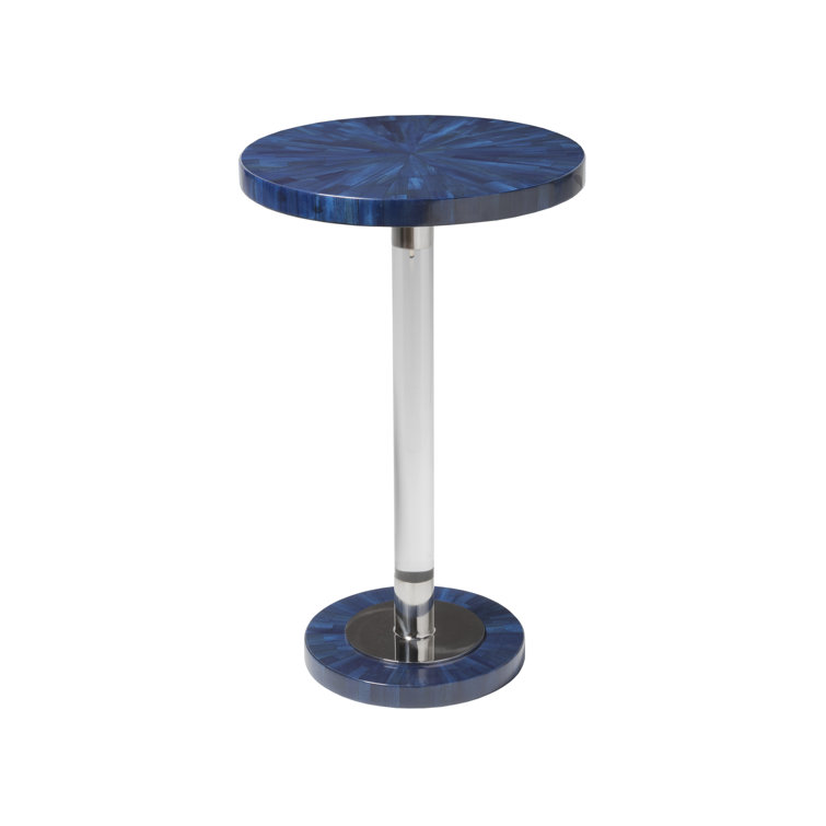 Contemporary Navy Blue Round Wood Spot Table with Polished Nickel Accents