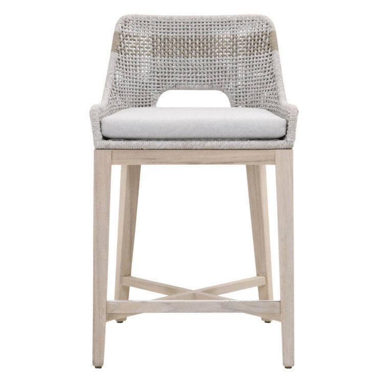 Light Gray Wood and Metal Bar Stool with Upholstered Seat