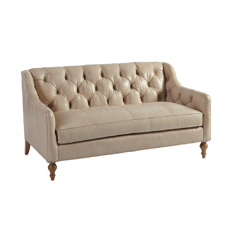 Elegant Sands Beige Leather Settee with Tufted Rolled Arms