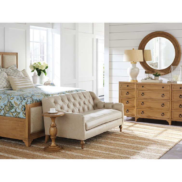 Elegant Sands Beige Leather Settee with Tufted Rolled Arms