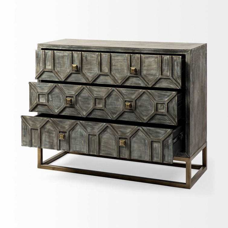 Genevieve Light Gray Wood and Antique Brass 3-Drawer Cabinet