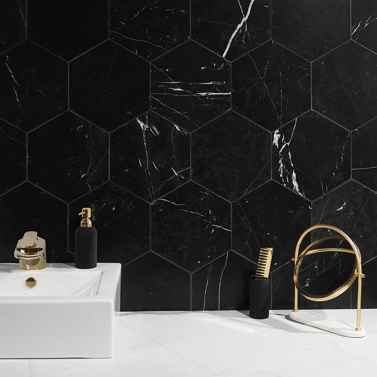 Black Hexagon Nero Marquina Marble Tile 10x10