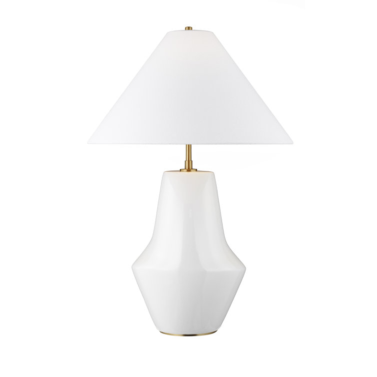 Arctic White Ceramic Arc Table Lamp with Linen Shade
