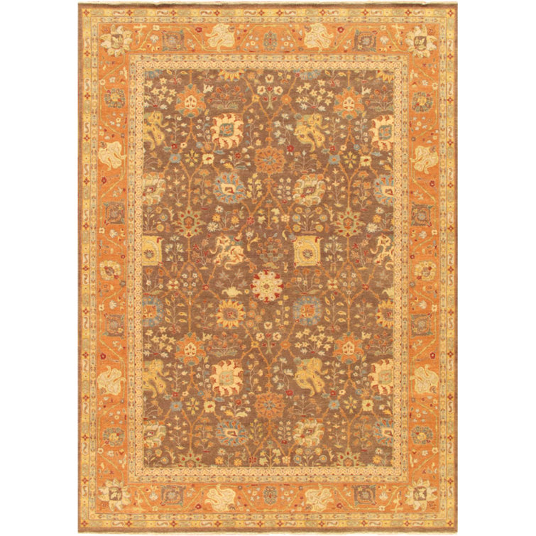 Baku Hand-Knotted Wool Floral Area Rug in Orange/Brown, 10' x 14'