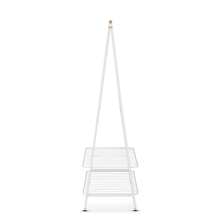 Large White Steel and Bamboo Portable Clothes Rack
