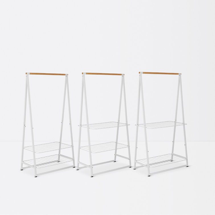 Large White Steel and Bamboo Portable Clothes Rack