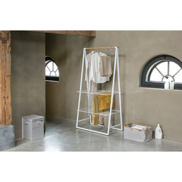 Large White Steel and Bamboo Portable Clothes Rack