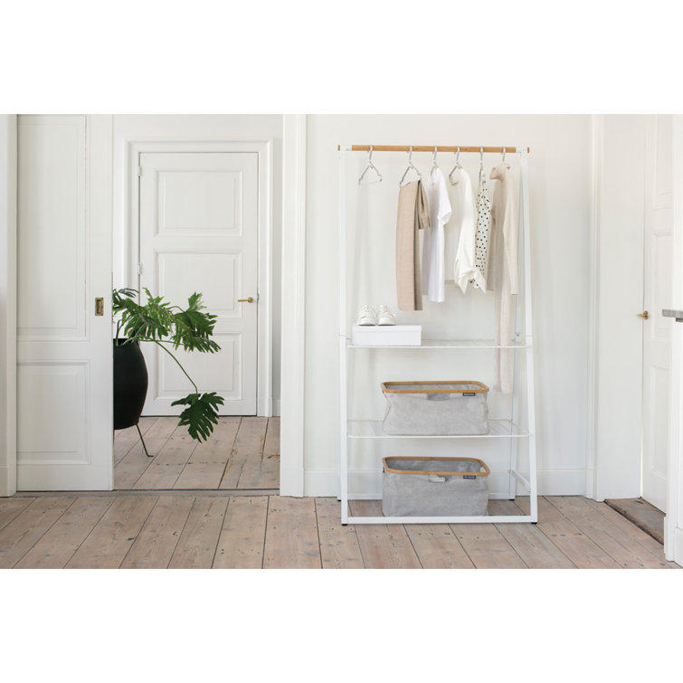 Large White Steel and Bamboo Portable Clothes Rack