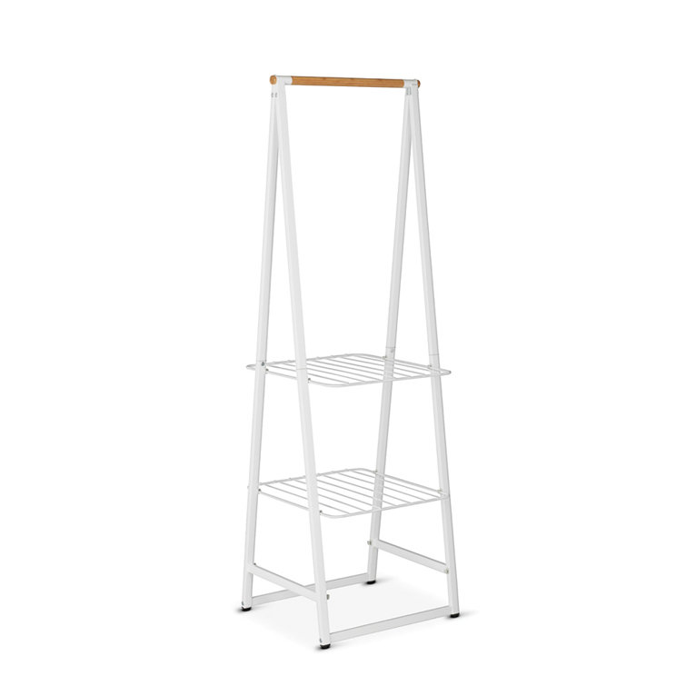 Small White Wood and Wire Garment Rack with Adjustable Shelves