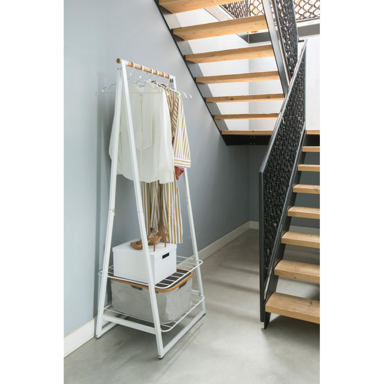 Small White Wood and Wire Garment Rack with Adjustable Shelves
