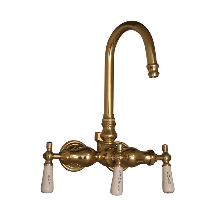 Polished Brass Wall-Mounted Clawfoot Tub Faucet with Porcelain Handles