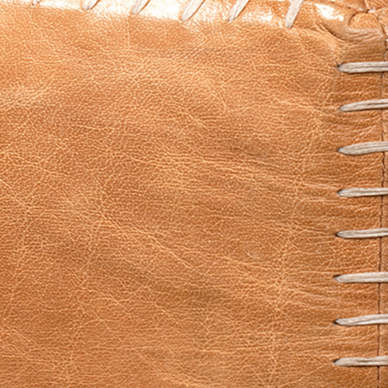 Rustic Large Buff Leather Pouf with Whipstitch Detail