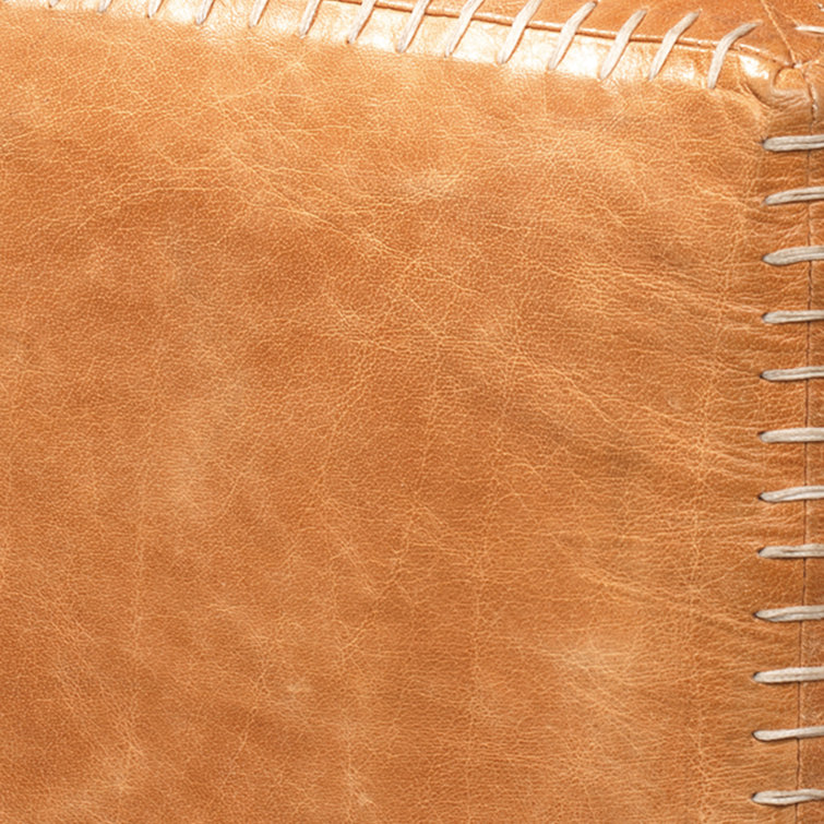 Small Buff Brown Leather Ottoman with Whipstitch