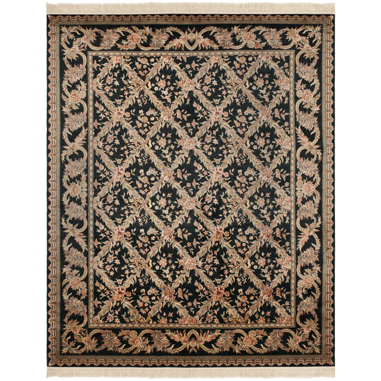 Royal Kerman Hand-Knotted Black Wool Floral Rug, 12' x 15'