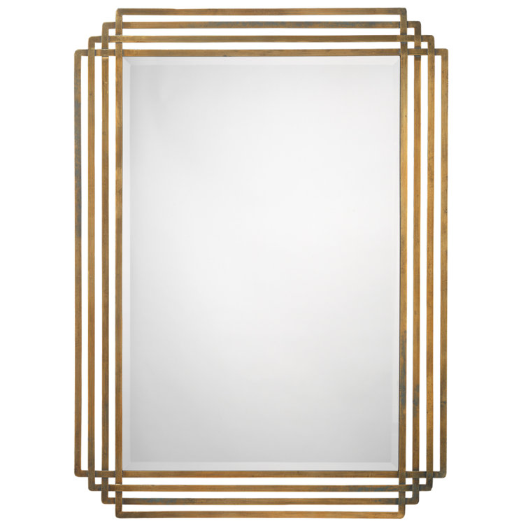 Antique Brass Rectangular Wall Mirror with Geometric Frame