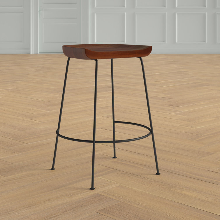 Chestnut Mango Wood and Black Iron Backless Counter Stools, Set of 2