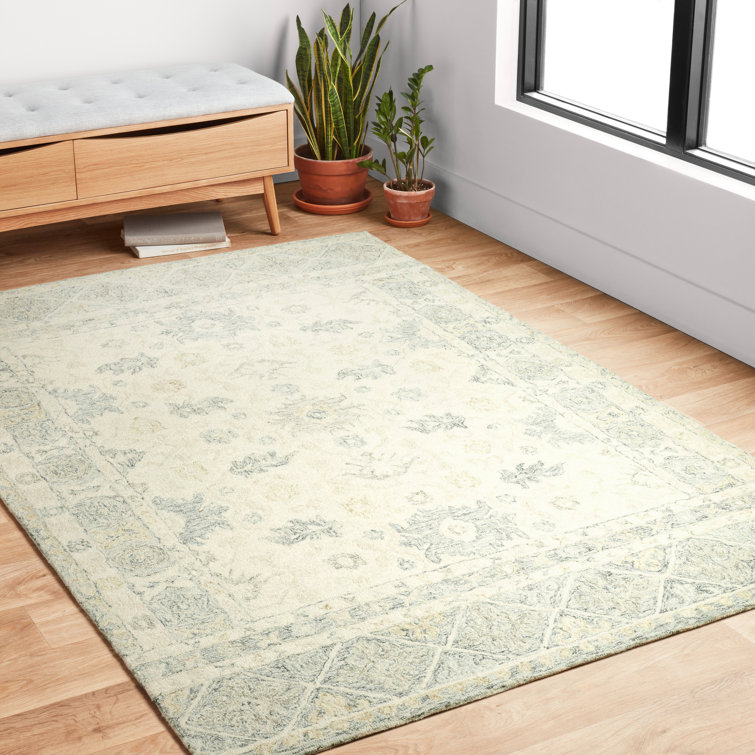 Handmade Ivory and Slate Wool Floral Rectangular Rug