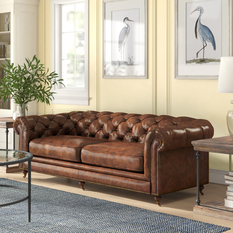 Idalia 87" Brown Leather Chesterfield Sofa with Rolled Arms