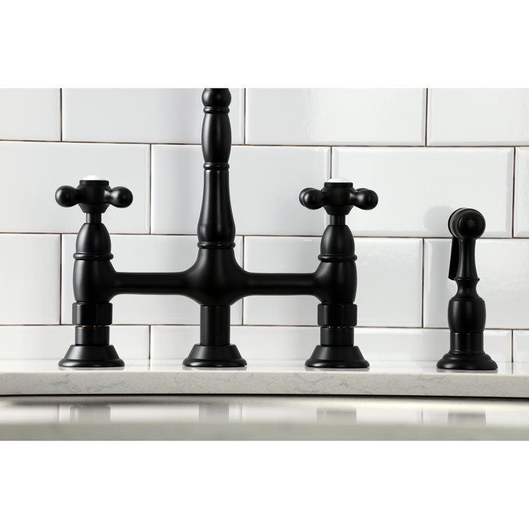 Matte Black Brass Heritage Bridge Kitchen Faucet with Side Sprayer