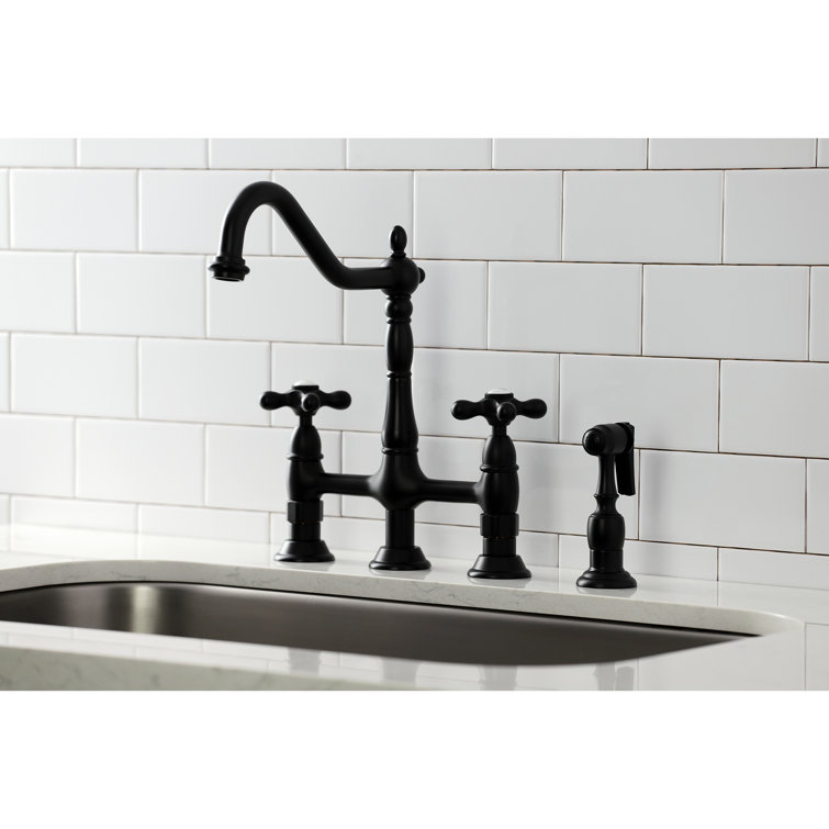 Matte Black Brass Heritage Bridge Kitchen Faucet with Side Sprayer