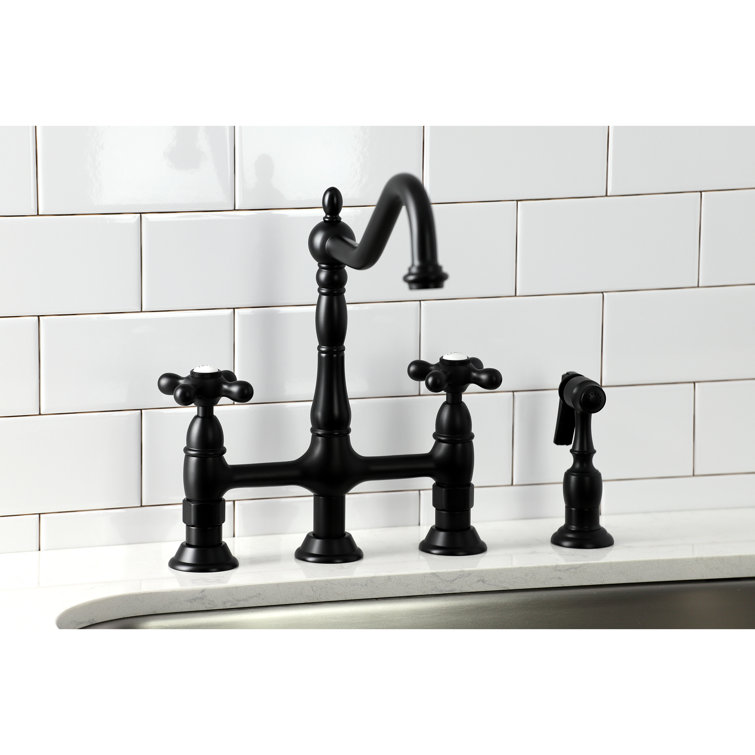 Matte Black Brass Heritage Bridge Kitchen Faucet with Side Sprayer
