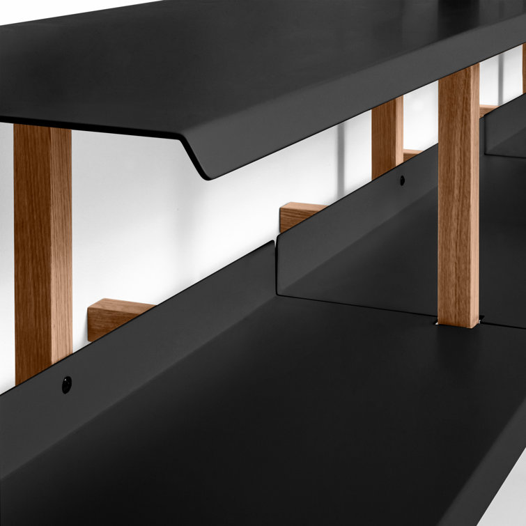 Adjustable Walnut and Black 6-Shelf Wall-Mounted Bookcase