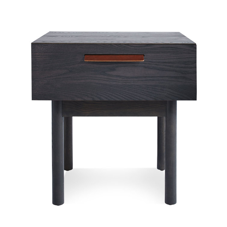 Smoke Gray Solid Wood Nightstand with Leather Pull